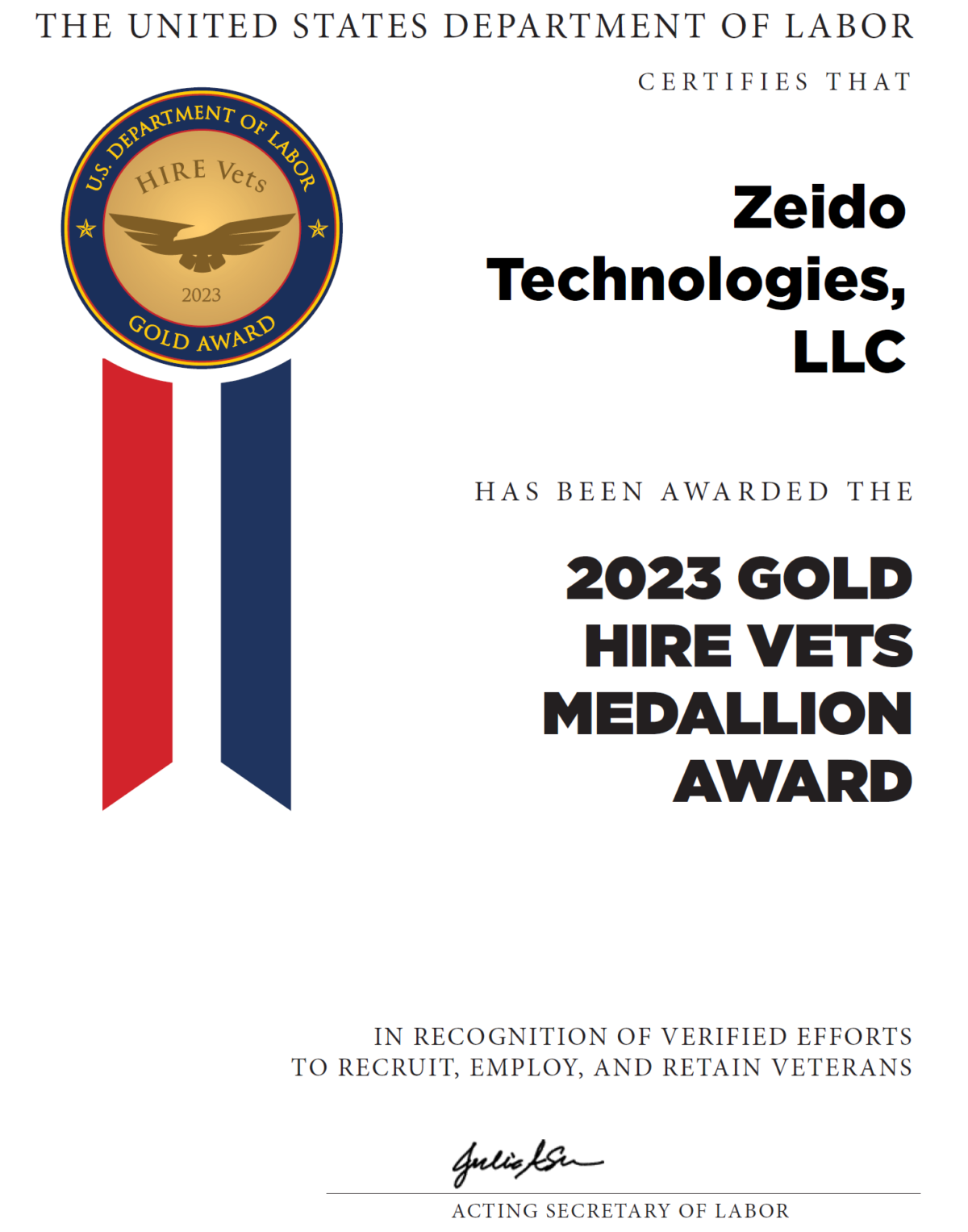 ZEIDO TECHNOLOGIES, LLC RECEIVES HIRE VETS MEDALLION AWARD 2023